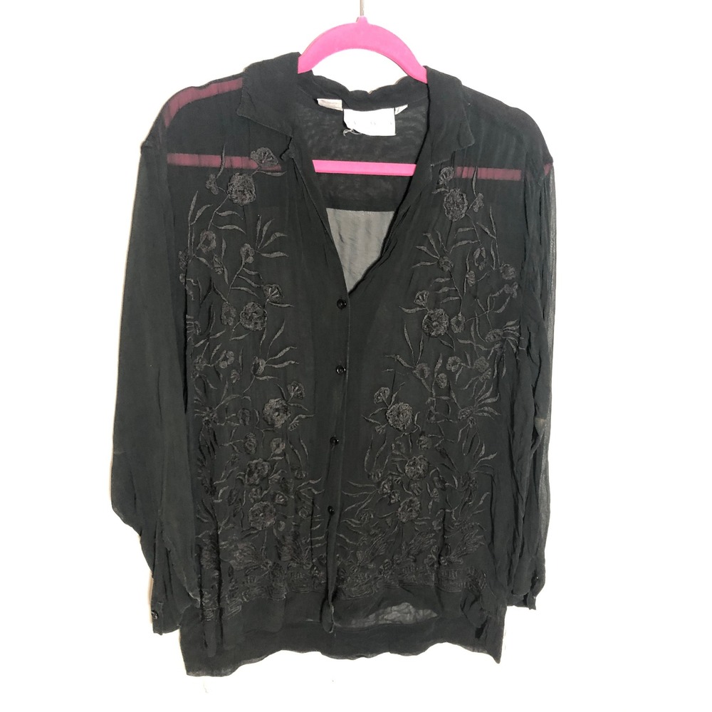 French Connection Embroidered Blouse Women Black Sheer Floral Long Sleeve Top